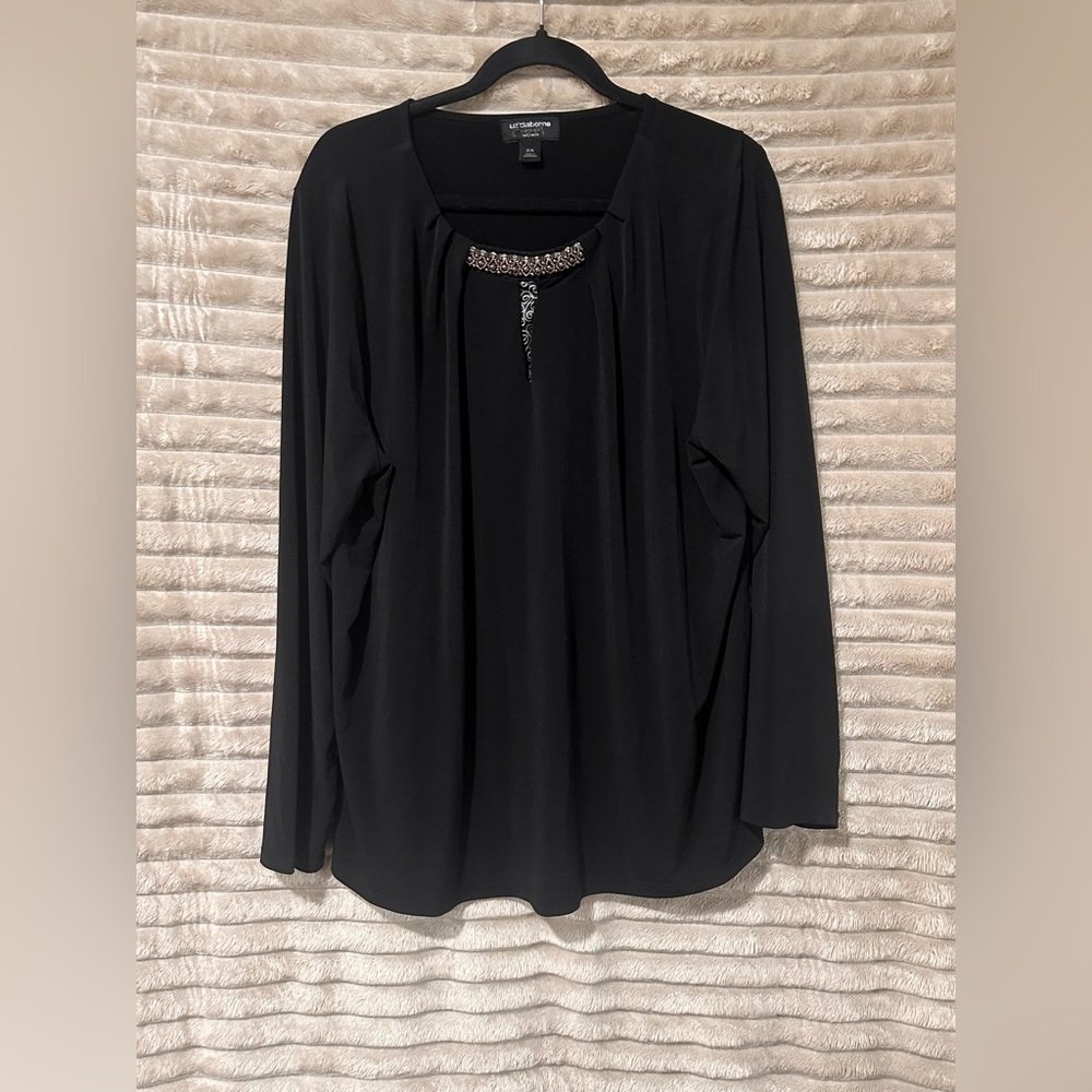 Liz Claiborne Black Long-Sleeve Top with Beaded Neckline